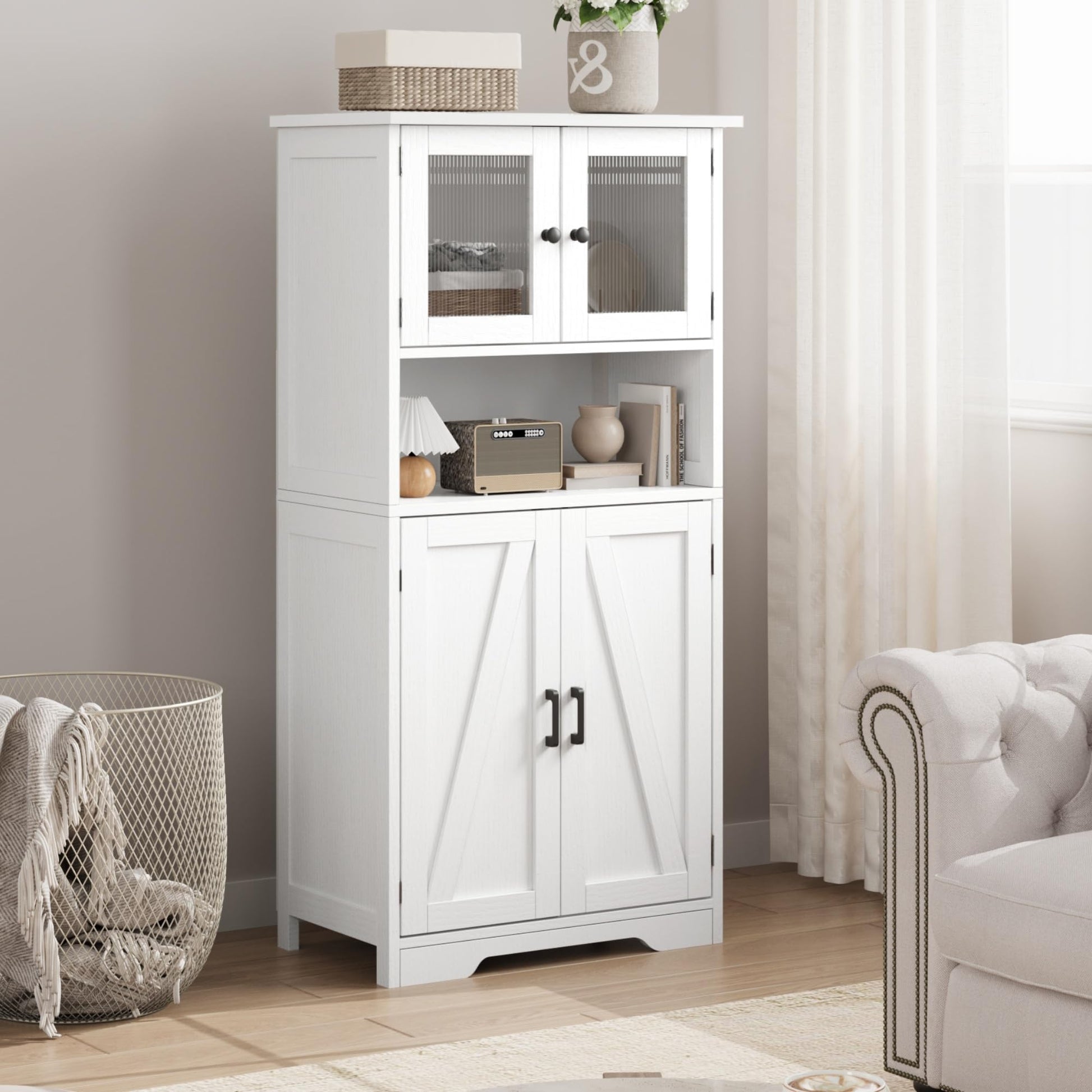 Armoire de salle de bain haute Garvee avec portes vitrées, étagères réglables, MDF, blanche, autoportante, style moderne pour salle de bain et cuisine, 60 cm (L) x 30 cm (P) x 128 cm (H)