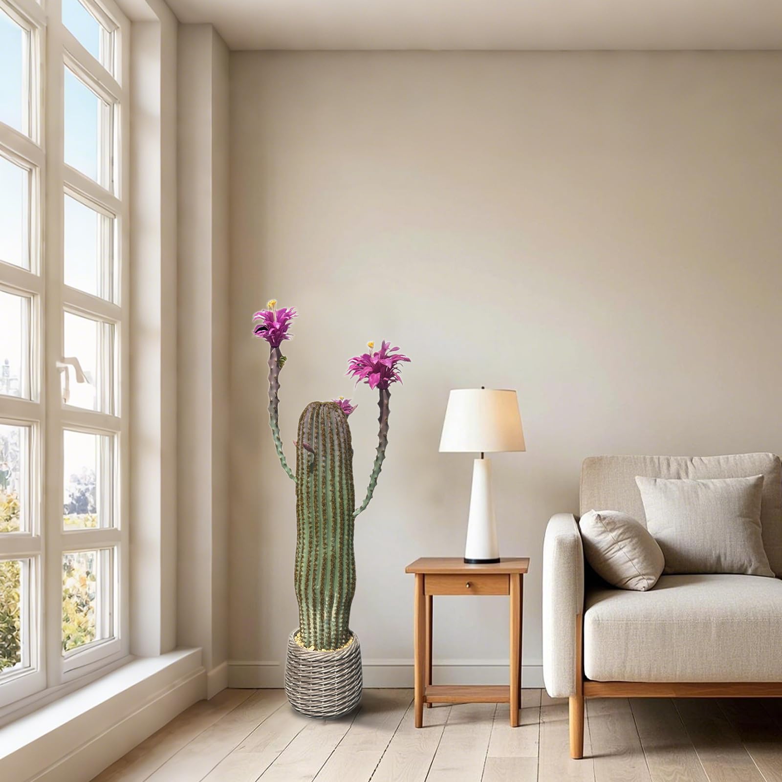 Cactus artificiel Garvee de 109 cm (43 pouces), réaliste et facile d'entretien, en polyéthylène, pot blanc, pour la maison et le bureau.