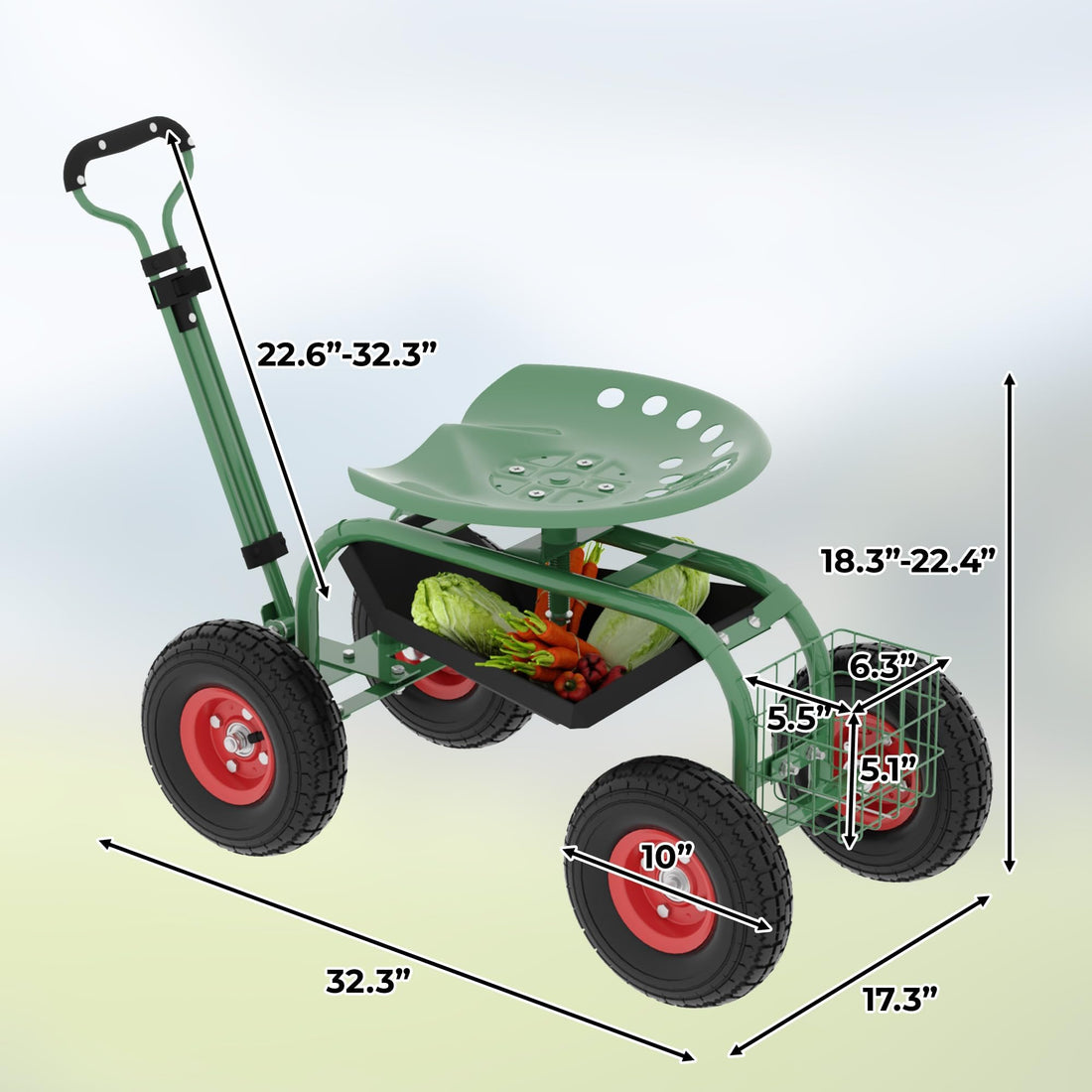 Garvee Chariot de jardin avec siège et roues pour potager surélevé, siège pivotant à 360°, matériau robuste, poignée de direction, plateau à outils