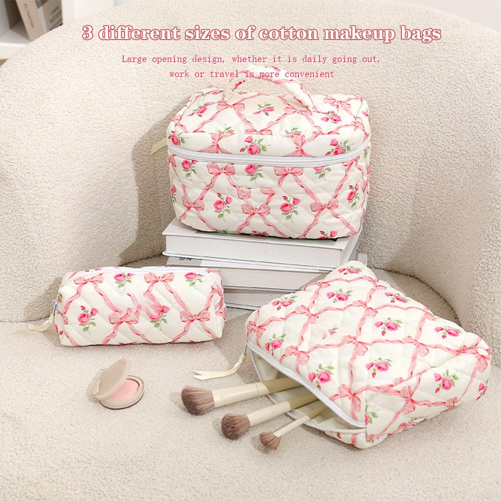 Trousse de maquillage Garvee 3 pièces (L+M+S) Petite trousse cosmétique pour femme, idéale pour les voyages et les activités de plein air, motif floral rose