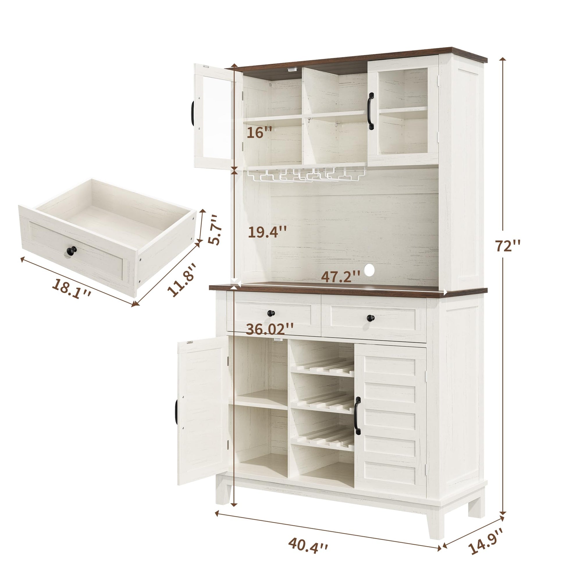 Meuble de cuisine Garvee de 183 cm de haut avec 4 portes, casier à vin, tiroirs, blanc, salle à manger, coin café, bois, étagères réglables