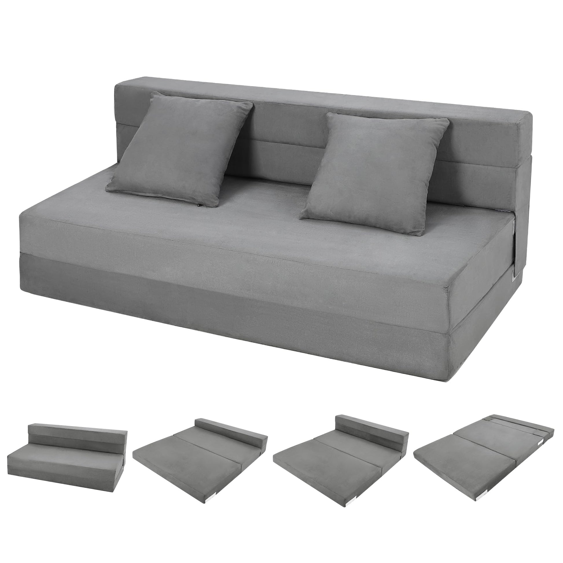 Canapé-lit pliable Garvee avec coussins en mousse à mémoire de forme, ergonomique et polyvalent pour le salon et le bureau, 203 x 152 x 15 cm, gris