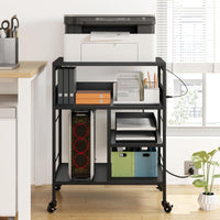 Garvee Meuble imprimante mobile à roulettes, 4 niveaux avec étagères, ports USB et prises intégrées, structure en acier robuste, noir rustique, pour bureau et maison