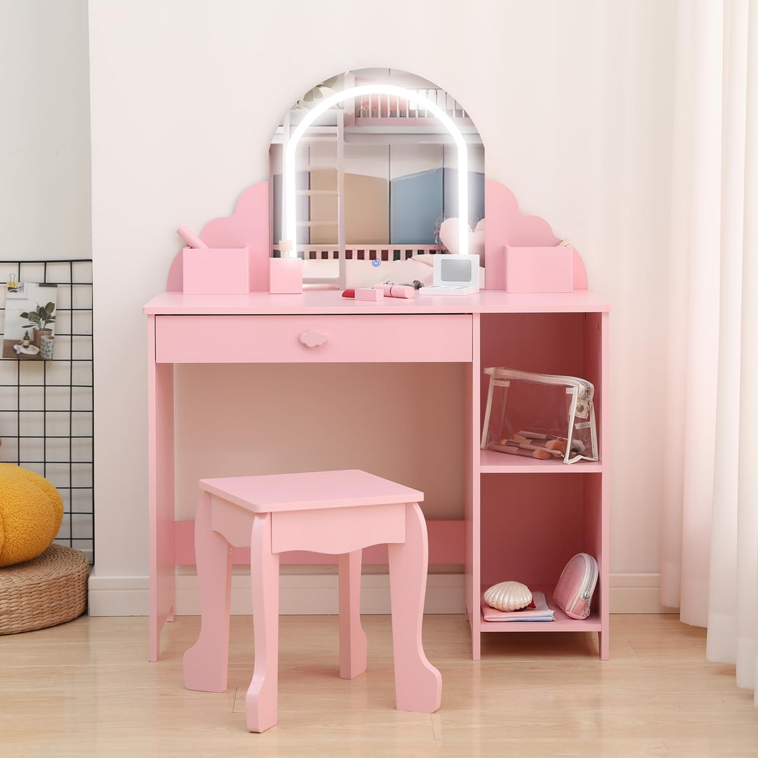 Garvee Coiffeuse Enfant Rose avec Miroir Lumineux, Tabouret, Tiroir et Étagères, MDF Sûr, LED Réglable, 100,33 × 80,01 × 40,13 cm