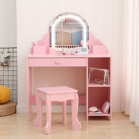 Garvee Coiffeuse Enfant Rose avec Miroir Lumineux et Tabouret, Grand Rangement, LED Réglable, MDF Sûr, pour Filles 3-9 Ans
