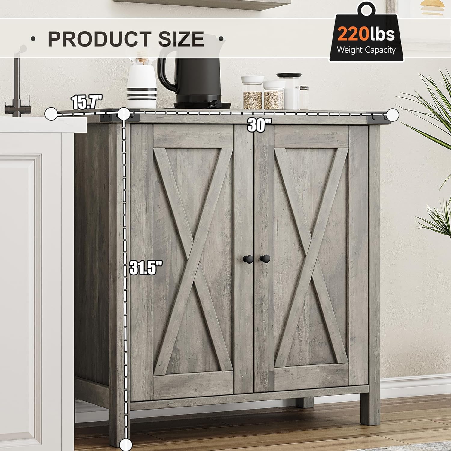 Garvee petit meuble de rangement, style campagne, avec 2 portes et étagères réglables, 76 × 40 × 80 cm, gris rustique, idéal pour le salon et la salle à manger