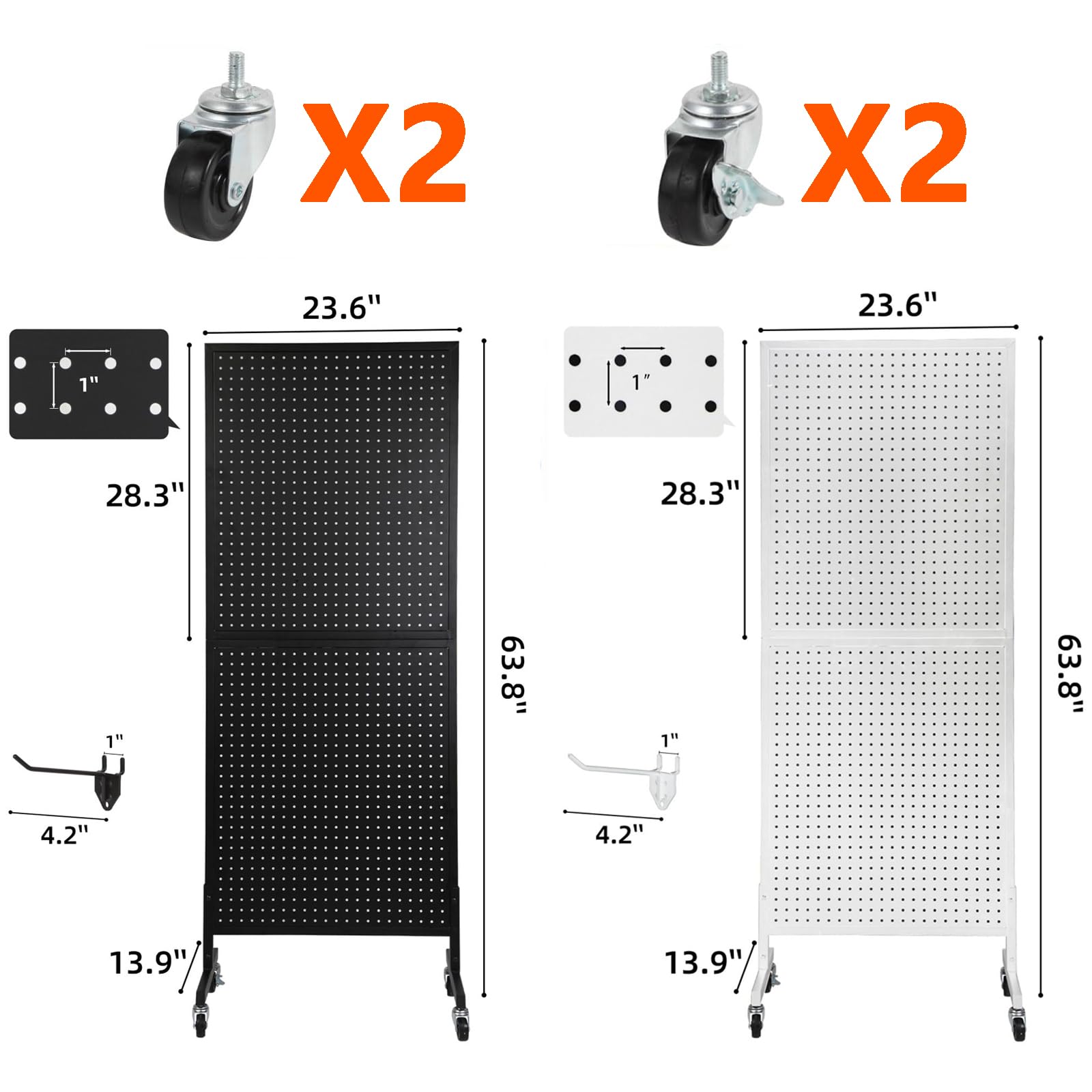 GARVEE Présentoir mobile à panneau perforé 61 × 152 cm, base en T avec roulettes, structure en fer robuste, double face avec crochets inclus, idéal pour magasin, stand et salon professionnel