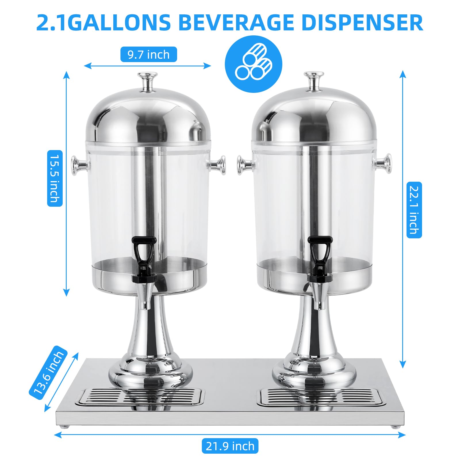 Garvee Distributeur de Boissons 16,7 L en Acier Inoxydable, avec Bac à Glaçons, Bac d’Égouttement et Support, Argenté, pour Fêtes et Mariages