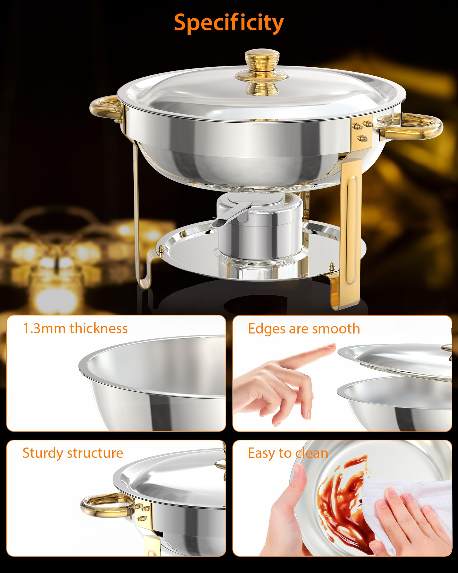 Ensemble de 4 plateaux chauffants Garvee pour buffet, 5 L, en acier inoxydable, avec supports de couvercle, idéal pour les fêtes, mariages et événements, couleur or.