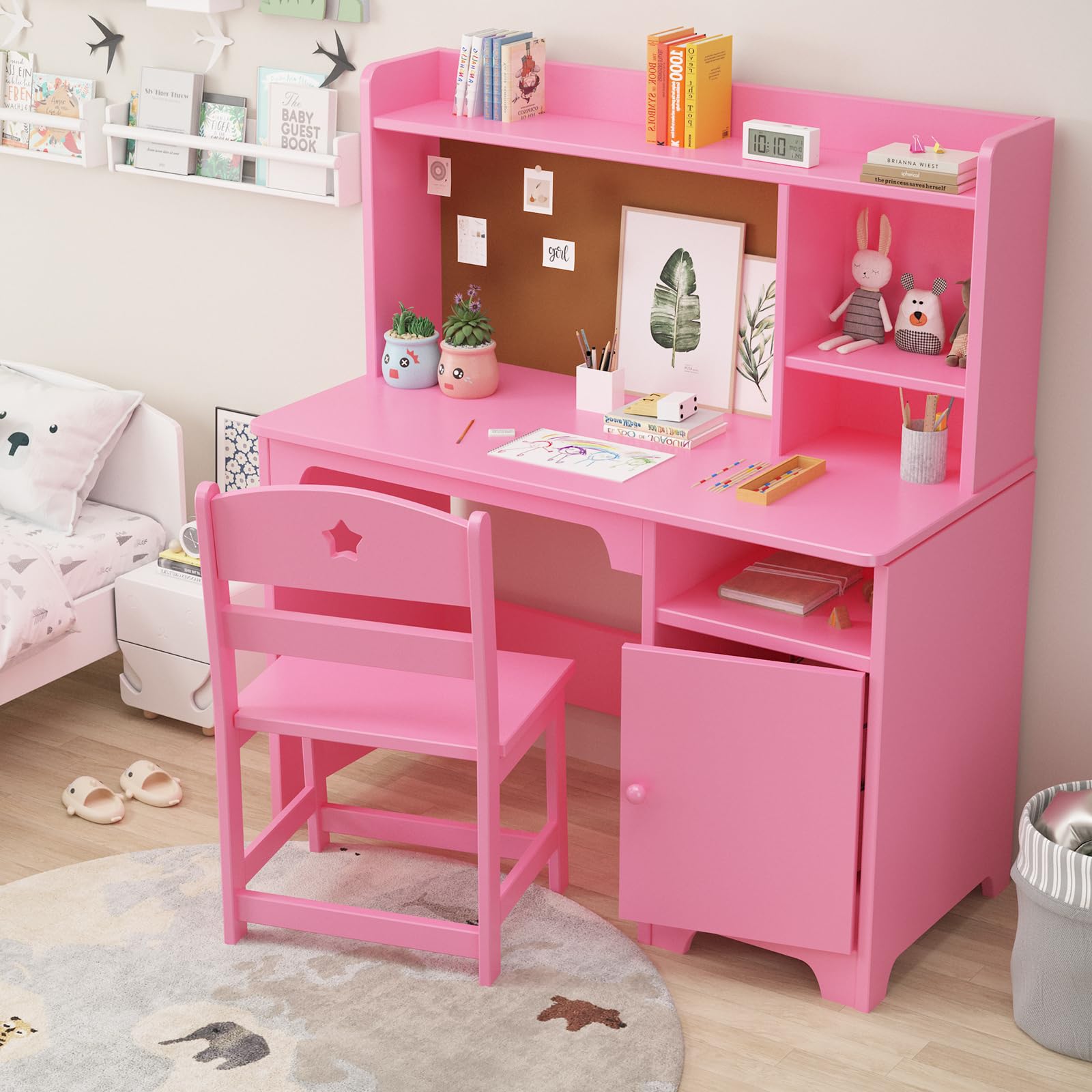 Bureau enfant Garvee avec chaise, en bois, ergonomique, avec espace de rangement, pour les 3-12 ans, idéal pour étudier ou dormir dans une chambre, résistant aux rayures