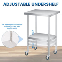Table de travail Garvee en acier inoxydable 61 x 30,5 cm, épaisseur 0,8 mm, capacité de charge 300 kg, étagère réglable, 4 roulettes, résistante aux rayures, idéale pour la restauration et les ateliers.
