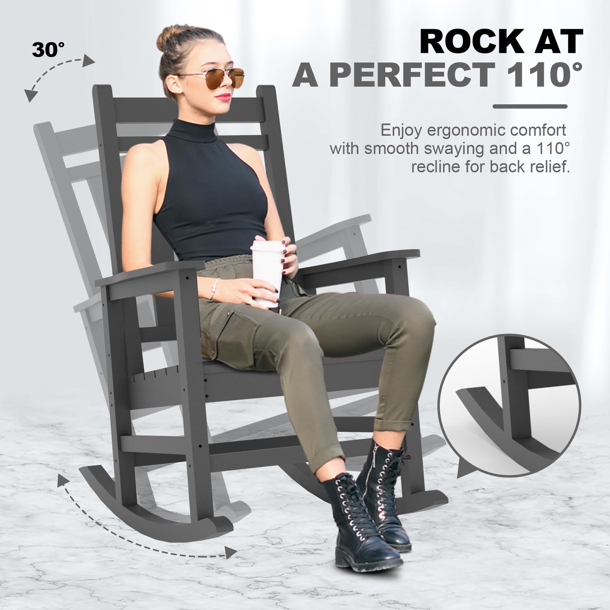 Garvee Fauteuil à bascule d’extérieur en HDPE gris, résistant aux intempéries, assise ergonomique 51 cm, capacité 158 kg