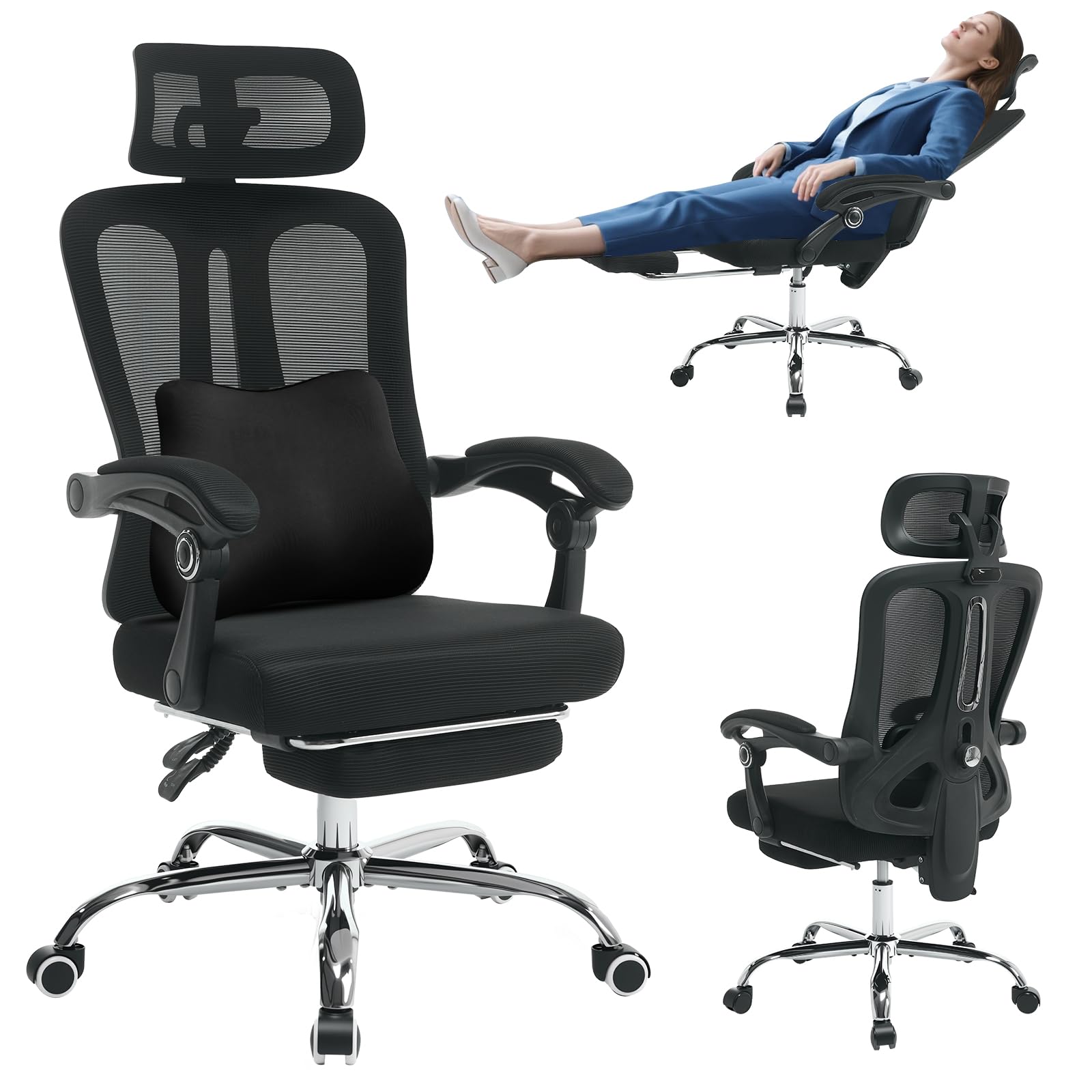 Chaise de bureau ergonomique Garvee en maille avec dossier haut, appui-tête réglable, repose-pieds, hauteur réglable, respirante, roulettes, noire