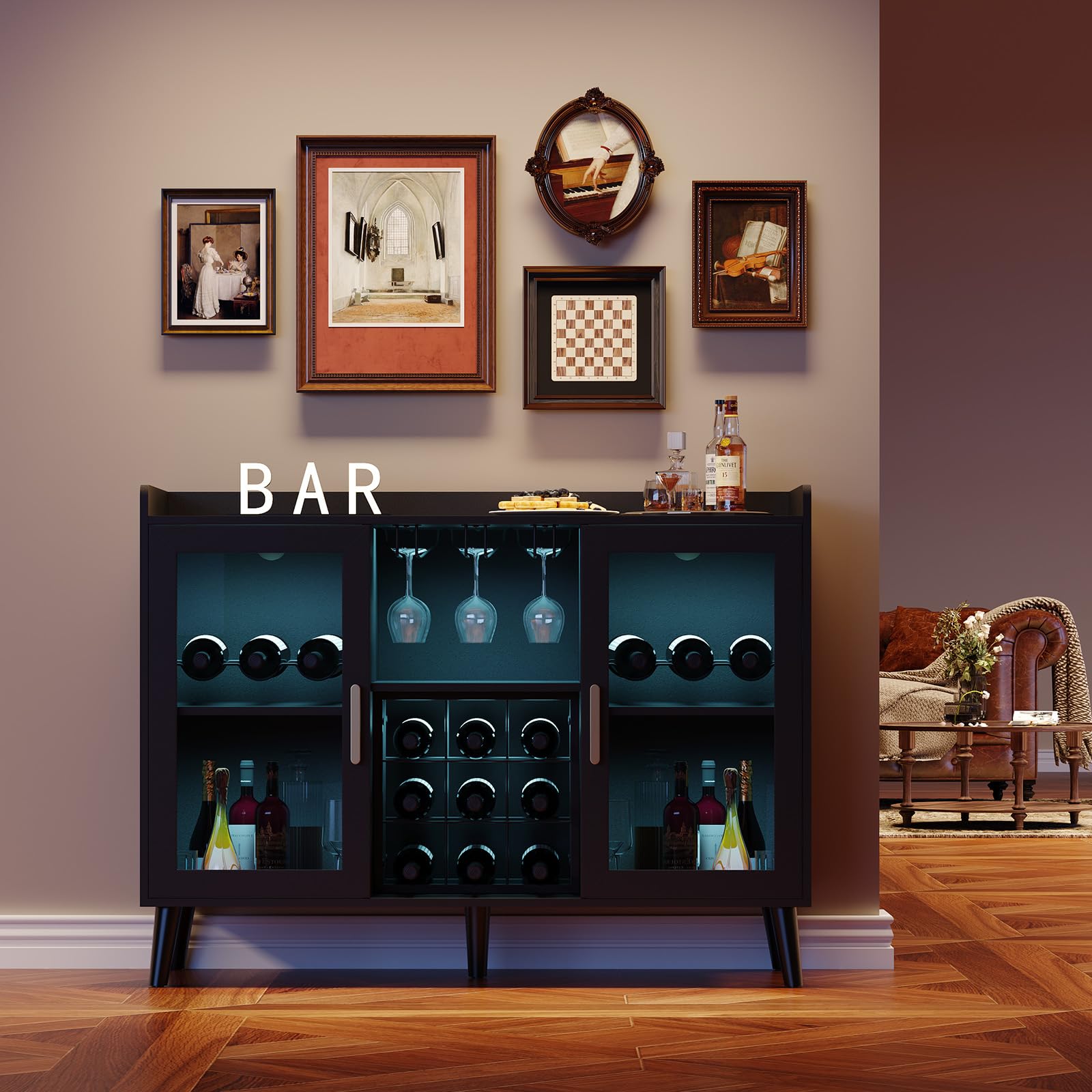 Garvee Meuble bar à vin autoportant avec casier à bouteilles et éclairage LED pour salon et salle à manger, étagère en bois et verre de 120 cm