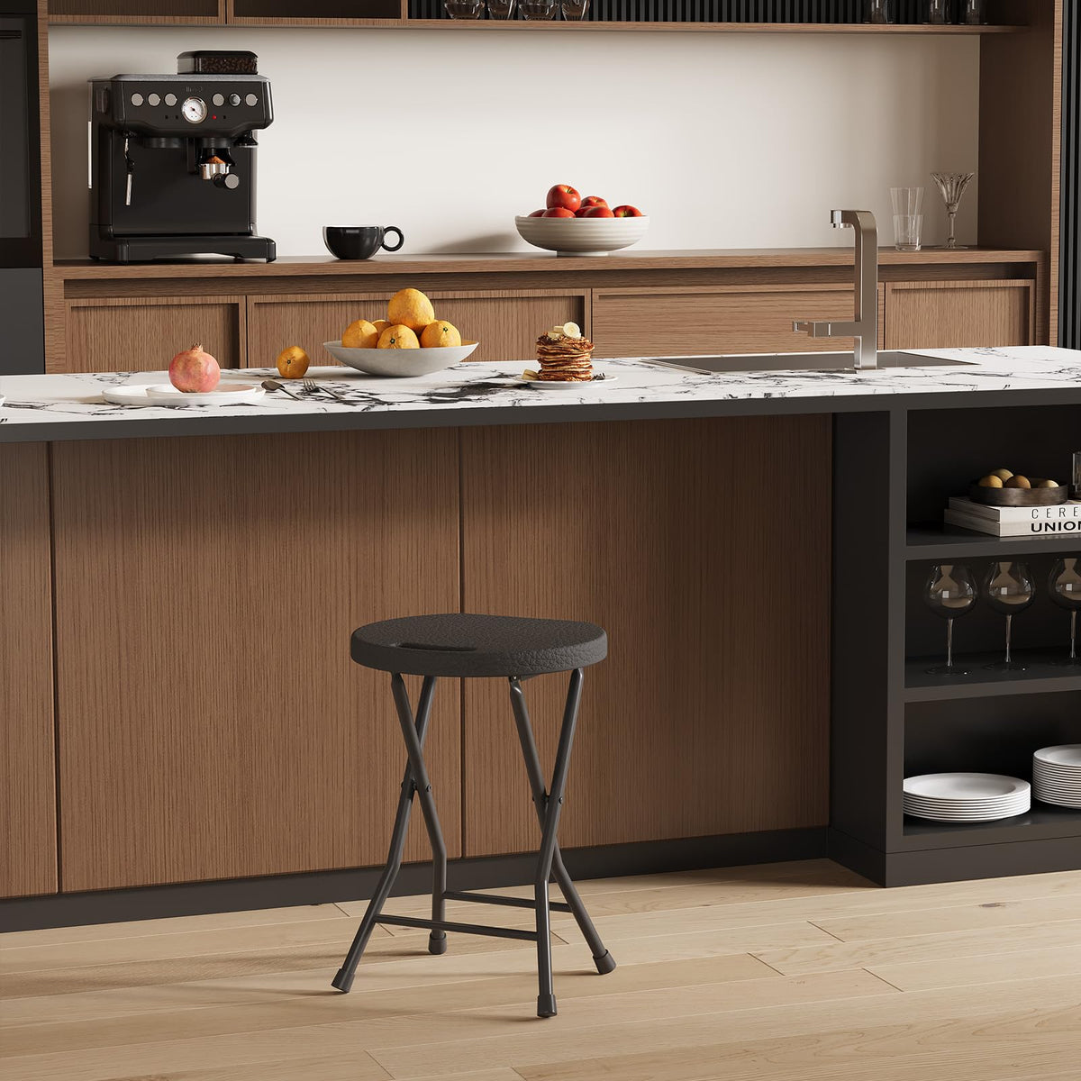 Tabouret pliant Garvee avec poignée, portable, capacité de charge de 272 kg, pieds antidérapants, structure en acier pour le camping et la cuisine, léger et pliable, noir