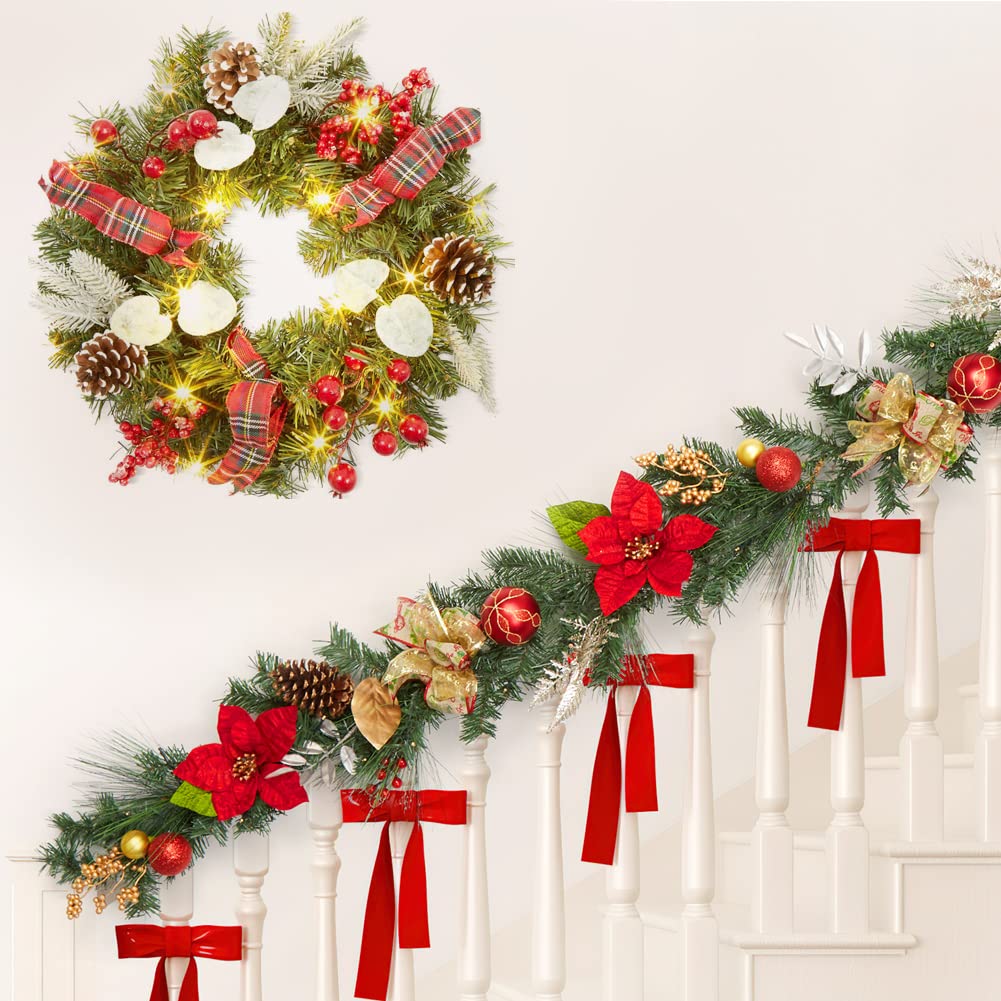 Couronne de Noël GARVEE 45 cm avec 15 lumières LED, pommes de pin et baies pour décorer portes et fenêtres, matériaux naturels, style champêtre festif