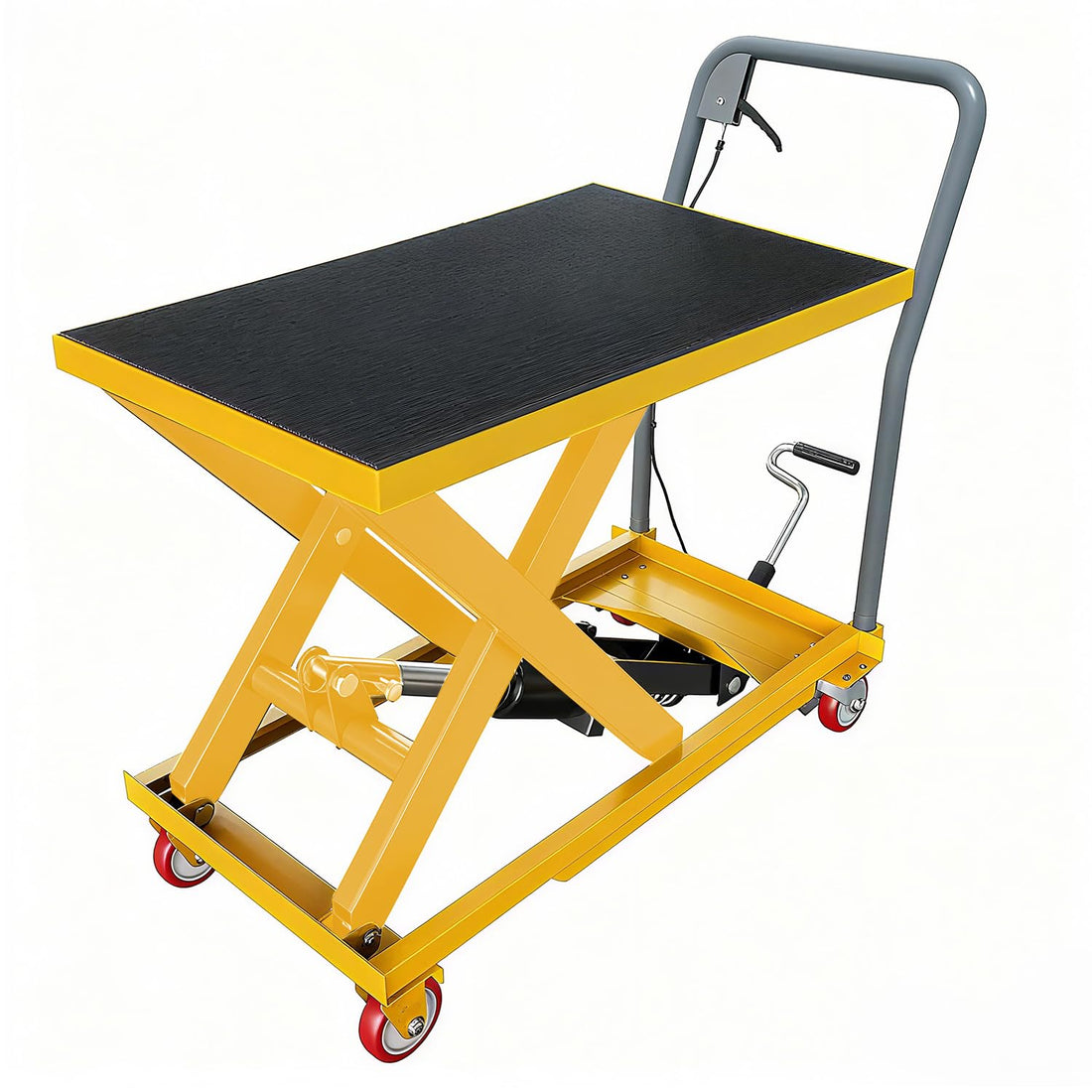 Table élévatrice hydraulique Garvee jaune 72 cm – 227 kg, mécanisme à double ciseaux, plaque antidérapante et barre de sécurité