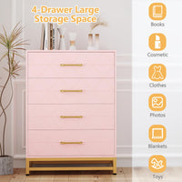 Commode Garvee à 4 tiroirs, poignées en métal, rose, bois, pieds en métal robustes, gain de place, pour salon et bureau