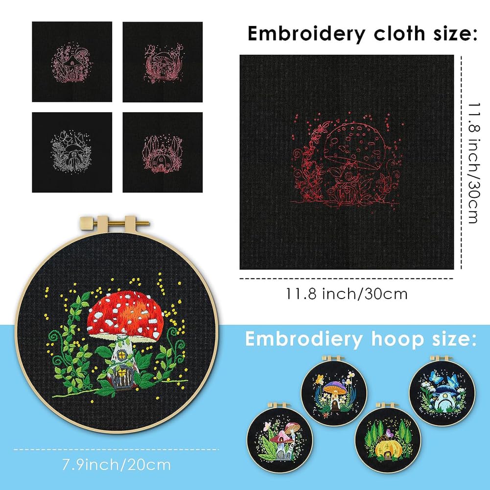 Kit de broderie GARVEE 5 pièces pour débutants, motif champignons, point de croix, kit de couture pratique, décoration en coton, kit de démarrage pour la maison