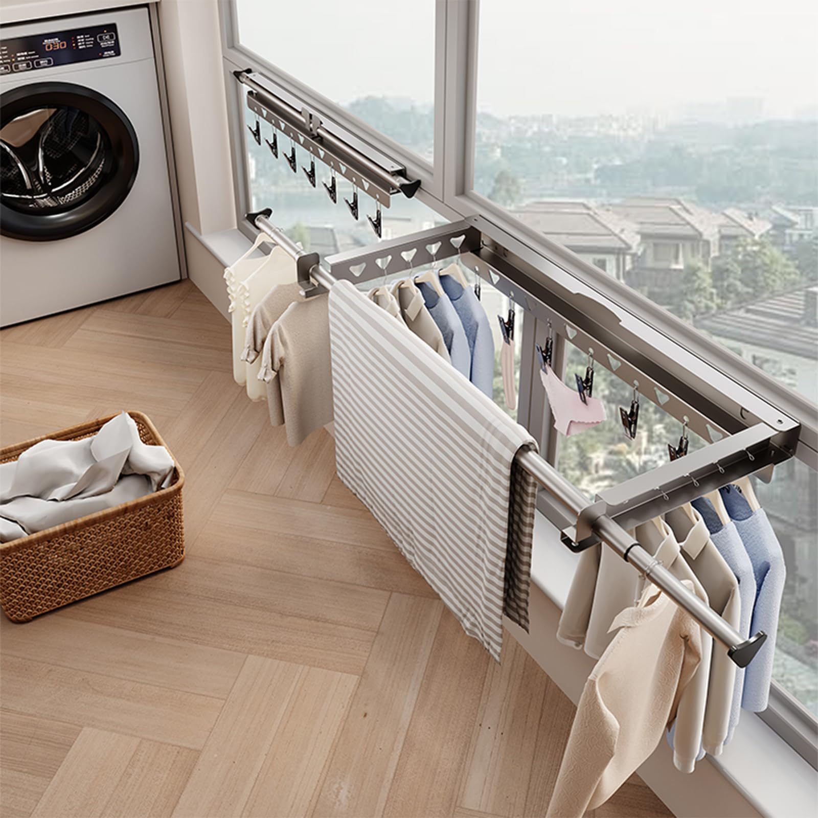 Étendoir à linge mural pliable Garvee, en acier inoxydable, gain de place, pour balcon et terrasse, longueur télescopique 103,2–151,2 cm, gris