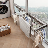 Étendoir à linge mural pliable Garvee, en acier inoxydable, gain de place, pour balcon et terrasse, longueur télescopique 103,2–151,2 cm, gris