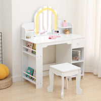 Coiffeuse Garvee pour enfants avec miroir lumineux, table de toilette et tabouret 2 en 1, MDF, lumière LED, espace de rangement pour filles de 3 à 9 ans, chambre et salle de jeux, blanc