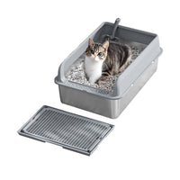 Bac à litière Garvee XL en acier inoxydable avec couvercle, profondeur 20 cm, antirouille, double tapis de litière, pour grands chats, gris