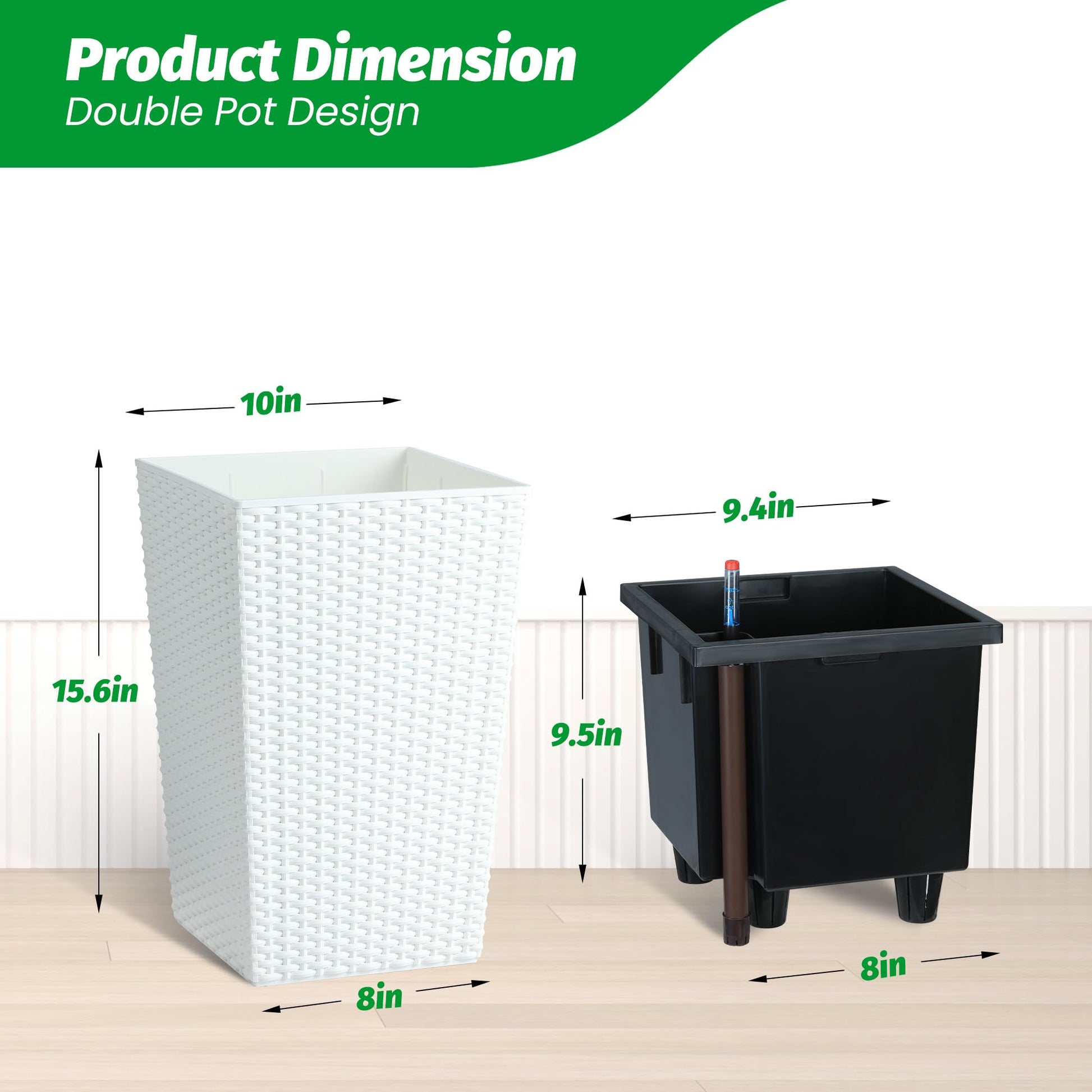 Garvee Ensemble de jardinières 40 cm en rotin synthétique, indicateur de niveau d'eau + roulettes, couleur blanche, résistant aux intempéries, parfait pour terrasse et salon
