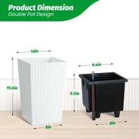 Garvee Ensemble de jardinières 40 cm en rotin synthétique, indicateur de niveau d'eau + roulettes, couleur blanche, résistant aux intempéries, parfait pour terrasse et salon
