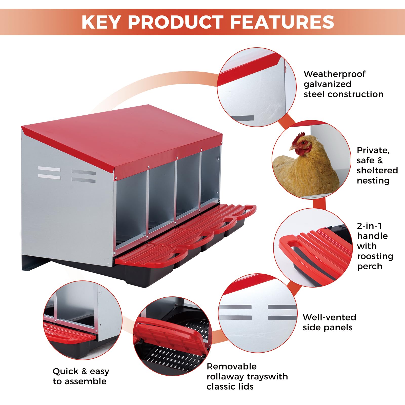 Garvee Nichoir à Poules 4 Compartiments en Métal Galvanisé avec Poignée en Plastique, Plateau Amovible, Antirouille pour Poulailler, Rouge