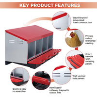 Garvee Nichoir à Poules 4 Compartiments en Métal Galvanisé avec Poignée en Plastique, Plateau Amovible, Antirouille pour Poulailler, Rouge
