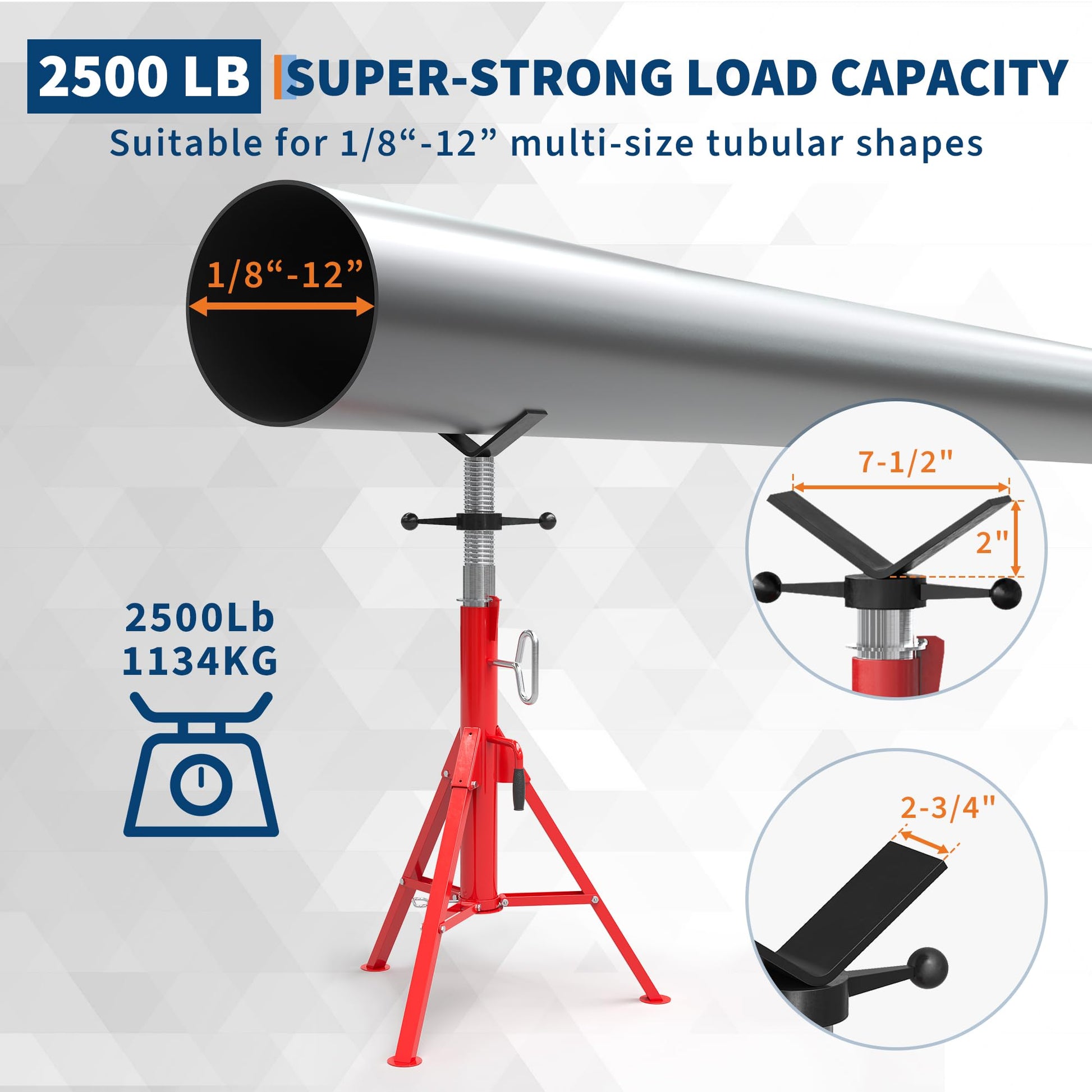 Support de tuyau Garvee à tête en V, capacité de charge de 1134 kg, réglable, acier de 51 à 94 cm, pliable, pour tuyaux de 12,7 à 305 mm, atelier et réparation