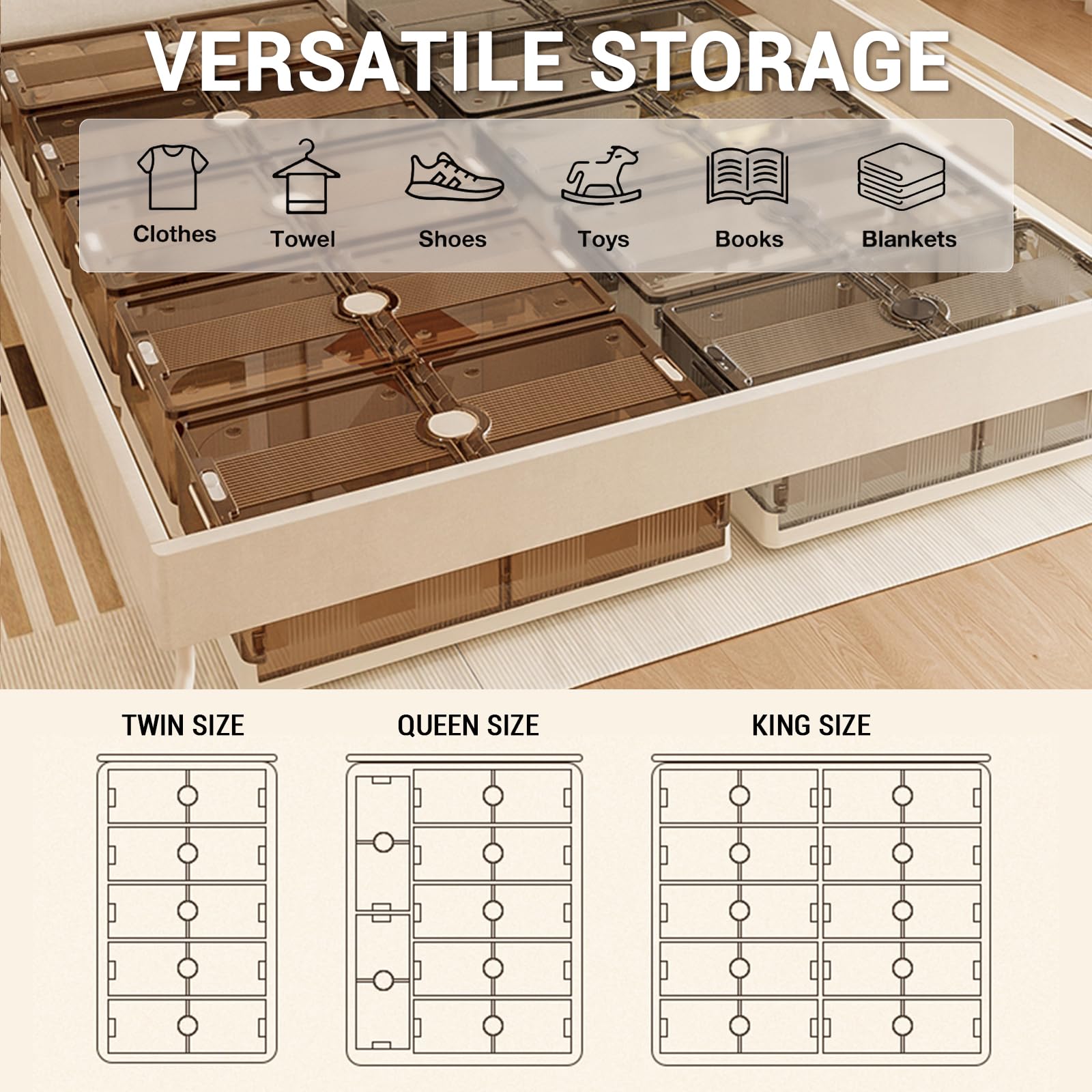 Boîtes de rangement Garvee en plastique transparent, à placer sous le lit, avec couvercles et roulettes, pour chambres et petits espaces. Pliables, empilables et anti-poussière.