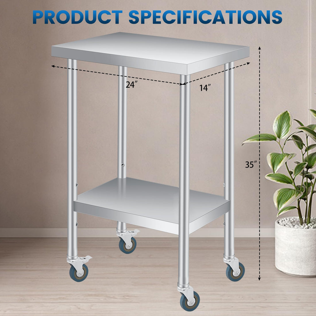 Garvee Table de travail 35,6 x 61 cm en acier inoxydable, 2 niveaux avec étagère réglable, roulettes, pour cuisine, restaurant, usage extérieur