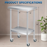Table de travail Garvee 14" x 24" en acier inoxydable, 2 niveaux avec étagère réglable, roulettes, pour cuisine, restaurant, usage extérieur, robuste