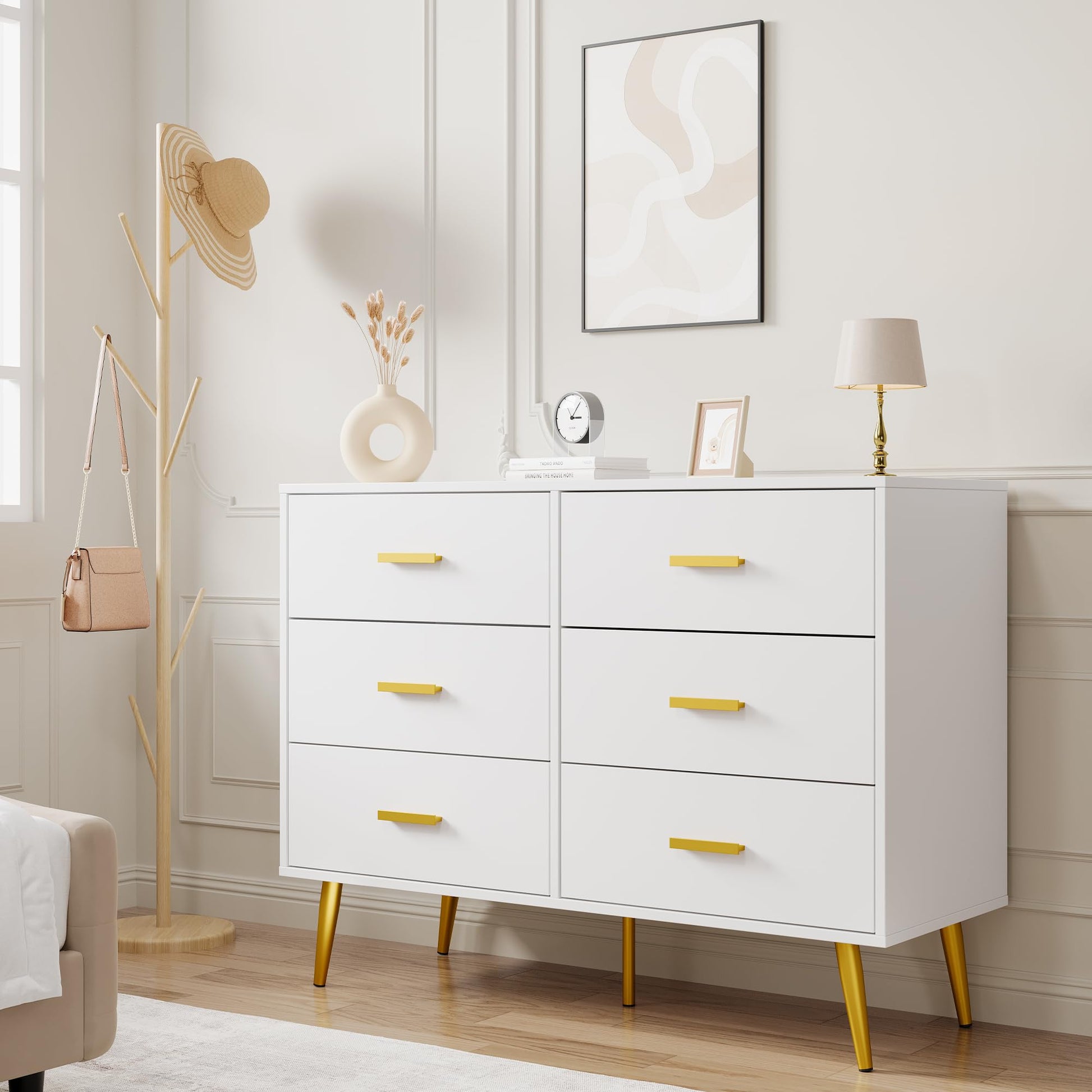 Garvee commode moderne blanche à 6 tiroirs, poignées dorées, pour la chambre et le salon