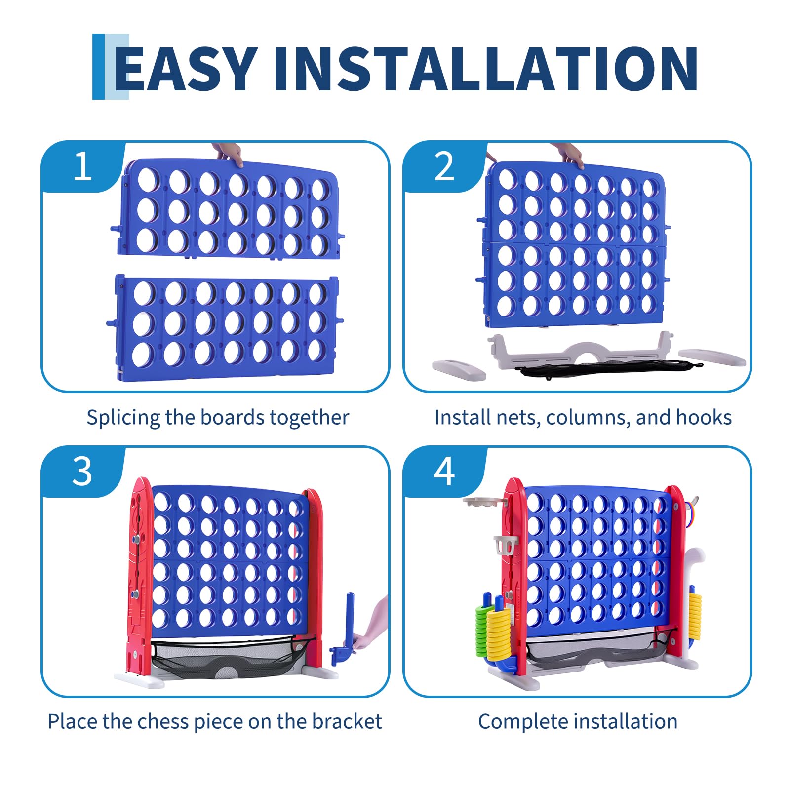 Système de jeu d'extérieur 3-en-1 Garvee Giant 4 Connect in a Row avec panier de basket et jeu de lancer d'anneaux, idéal pour les fêtes de famille, le jardin et la plage. Fabriqué en PE et PP, hauteur réglable et système de fixation rapide.