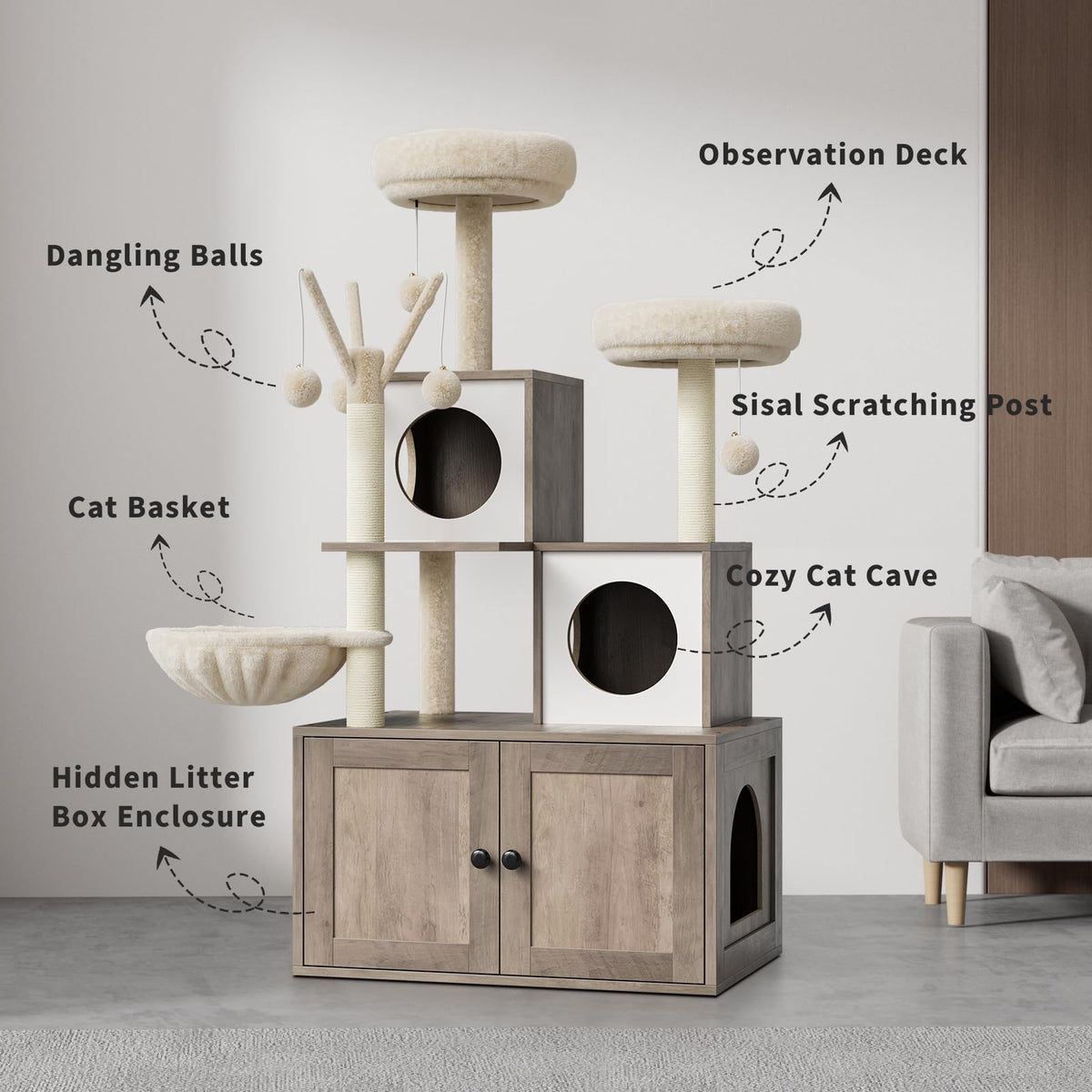 Mobilier pour chat Garvee 3-en-1 avec griffoir, poteaux à griffer en sisal, espace de détente moelleux pour salon et chambre, plusieurs niveaux, gris-beige