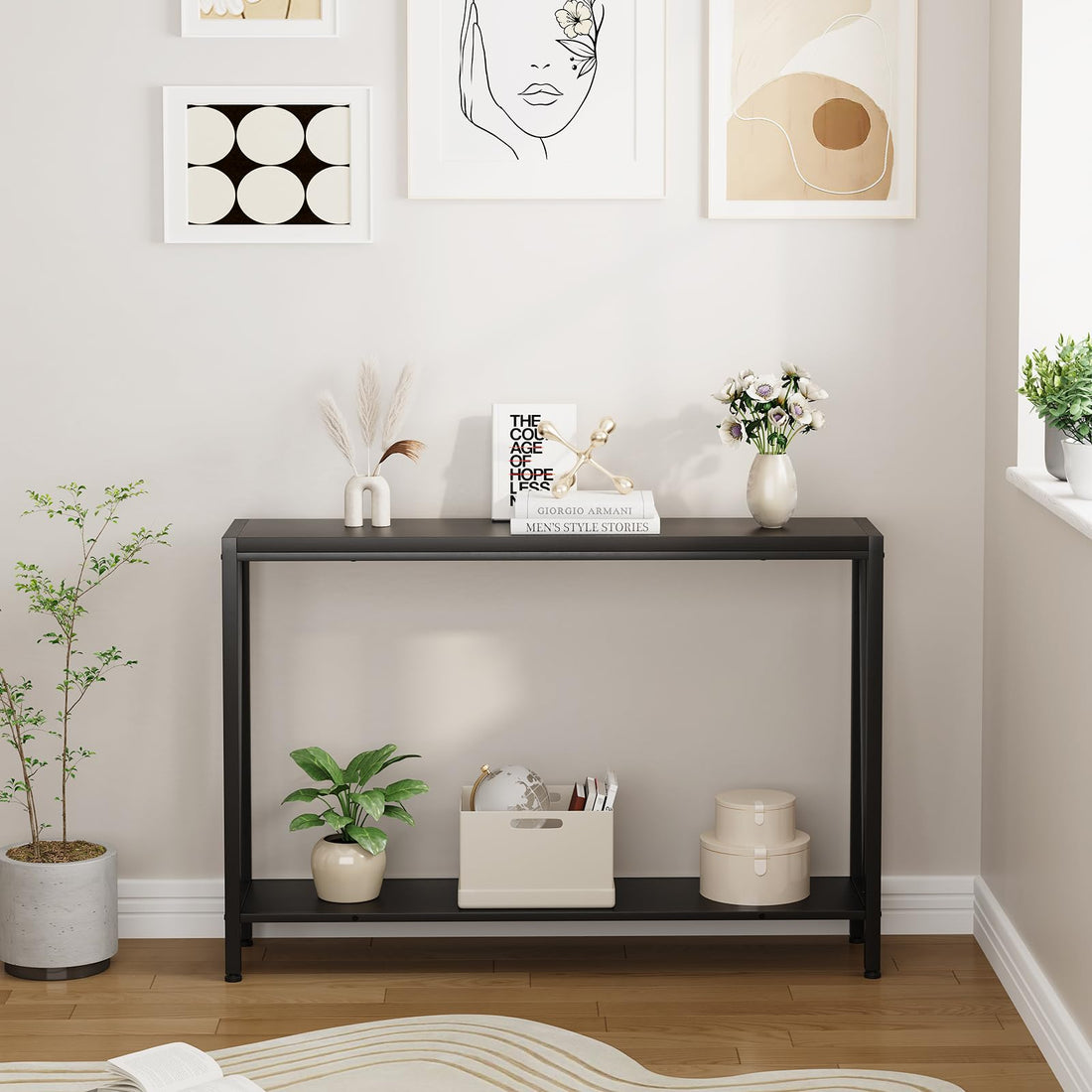 Garvee Console étroite 2 niveaux pour canapé, bois noir, compacte et robuste, 109 x 25 x 76 cm, idéale couloir, entrée et salon.