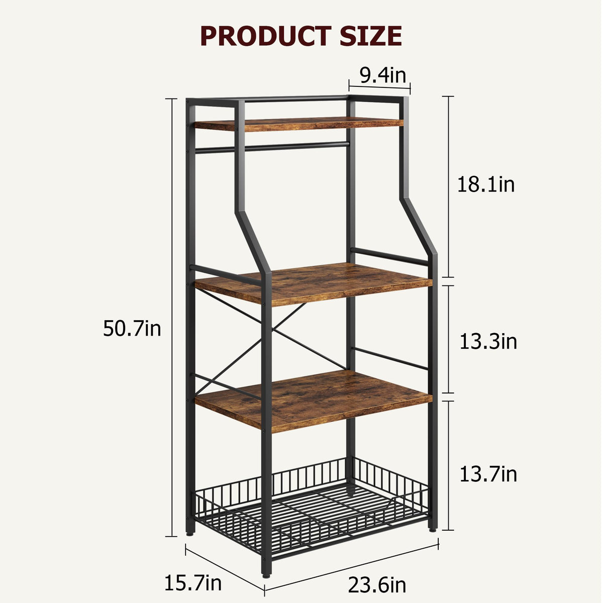 Garvee Étagère de cuisine avec support pour micro-ondes, grand panier en fil métallique, 4 niveaux, structure robuste en MDF et acier, 8 crochets