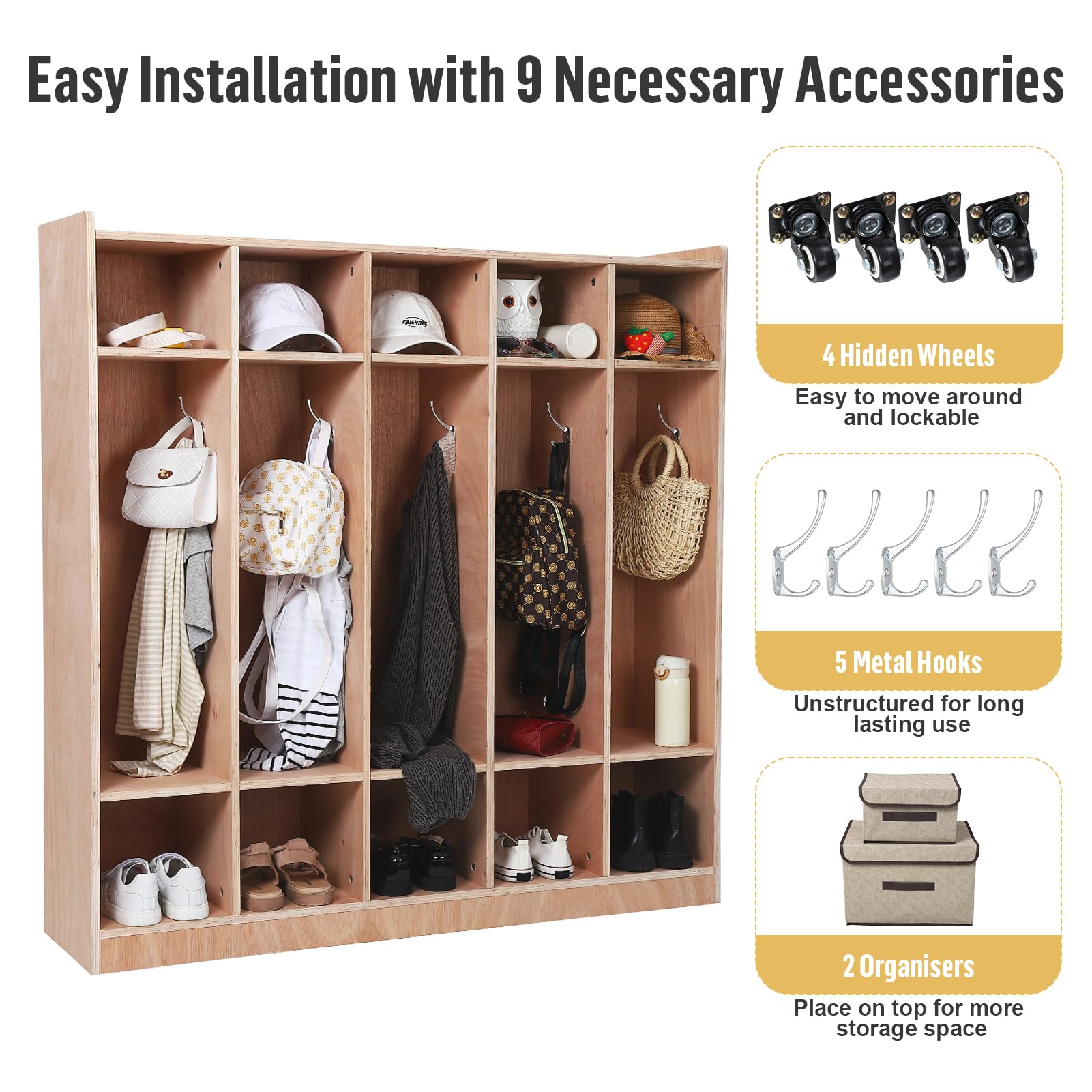 Armoire-penderie Garvee à 5 sections avec 10 compartiments, kit anti-basculement, 4 roulettes, 5 crochets, en contreplaqué, idéale pour les écoles et les crèches, dimensions : 137 x 33 x 122 cm, bois naturel.