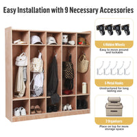 Armoire-penderie Garvee à 5 sections avec 10 compartiments, kit anti-basculement, 4 roulettes, 5 crochets, en contreplaqué, idéale pour les écoles et les crèches, dimensions : 137 x 33 x 122 cm, bois naturel.