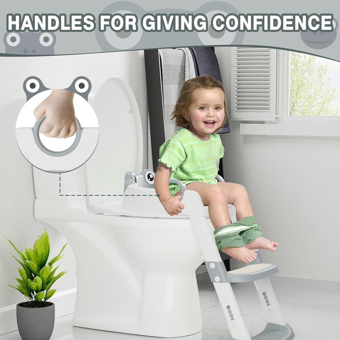 Siège d'apprentissage de la propreté Garvee avec marchepied et poignées pour garçons et filles, gris, pour la salle de bain, hauteur réglable, antidérapant, en polypropylène durable