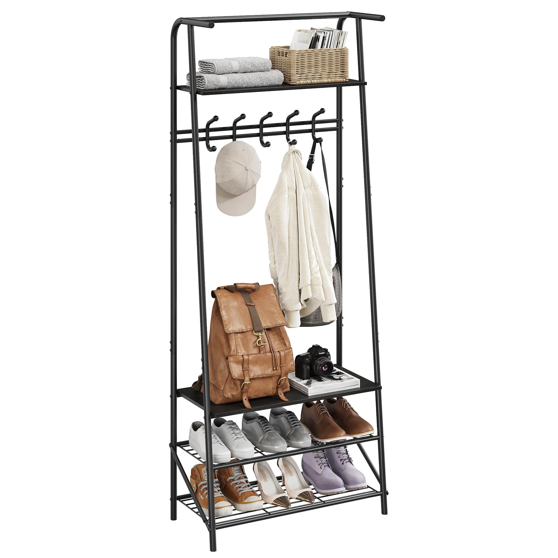 Banc d'entrée multifonctionnel Garvee 4 en 1 – Structure en métal, aspect bois, range-chaussures, noir, idéal pour l'entrée et le salon