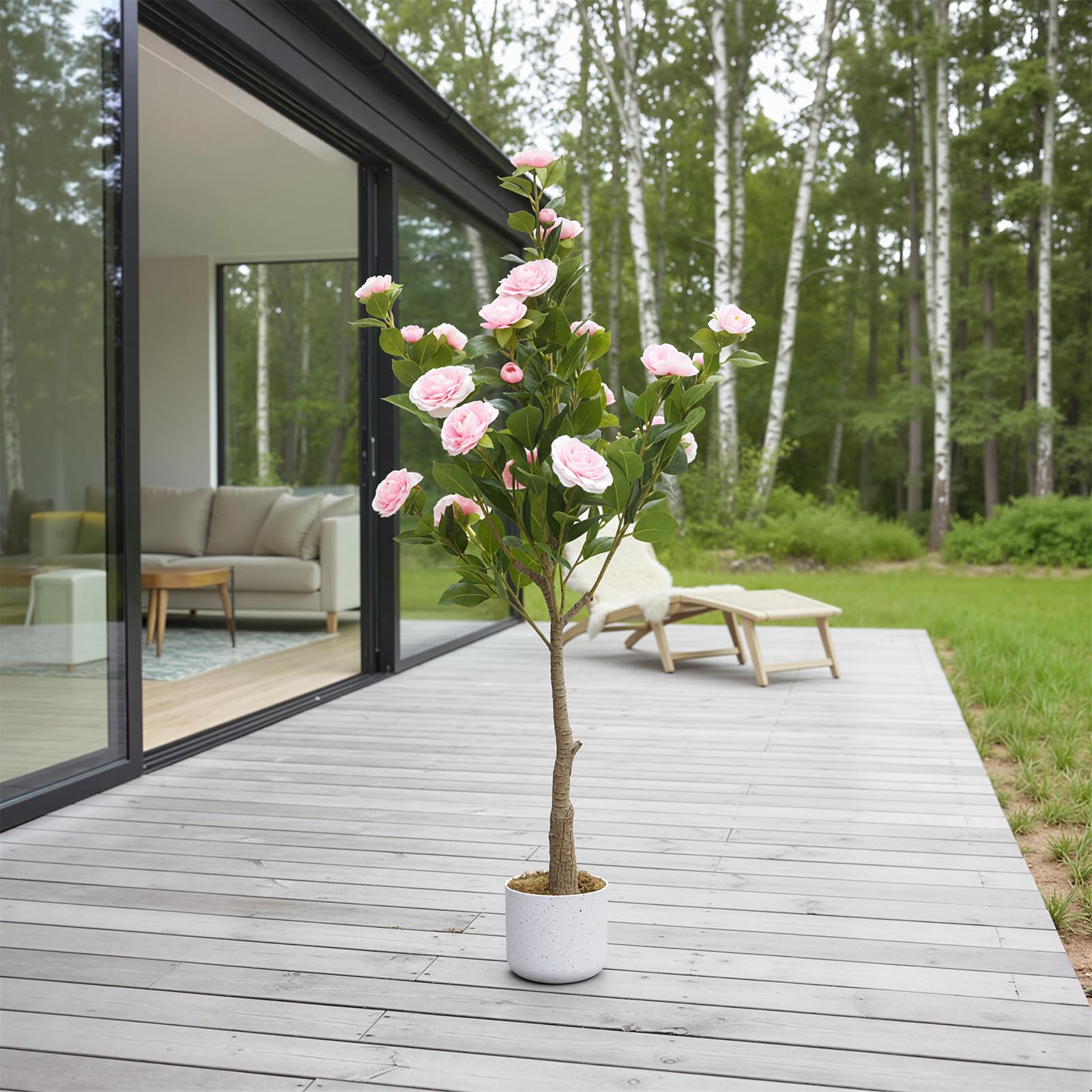 Lot de 2 camélias artificiels Garvee de 1,20 m avec pot blanc, pour l'intérieur et les espaces extérieurs couverts, réalistes et faciles d'entretien.