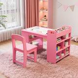 Garvee Table d'Art pour Enfants 124,5cm avec 2 Chaises, Bois adapté à un usage quotidien, Rangement Intégré, Multi-Usage pour Chambre d'Enfants, Blanc - rose2