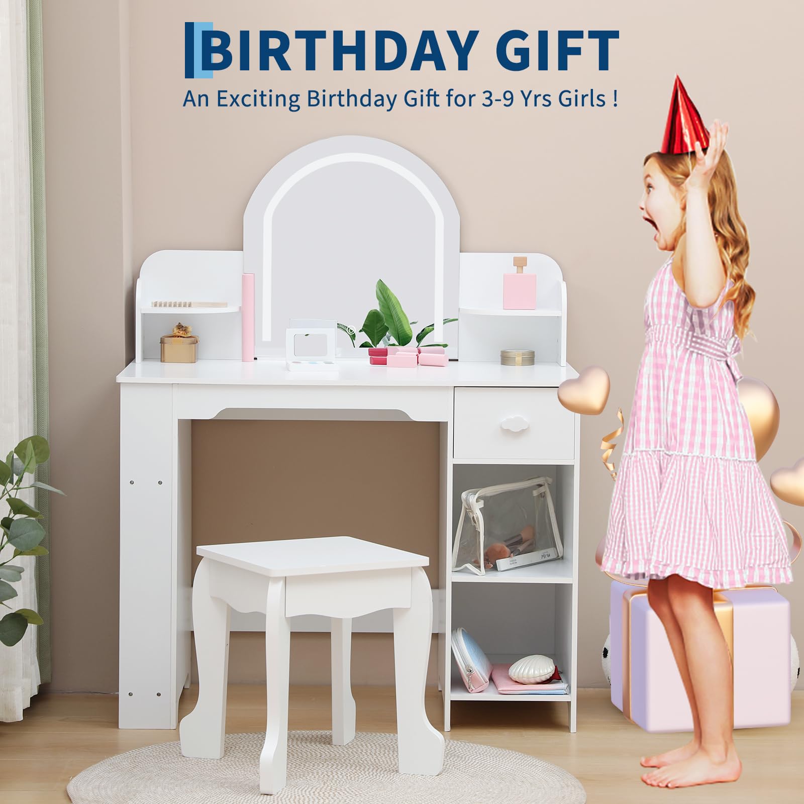 Coiffeuse Garvee pour enfants avec lumière LED et tabouret, réglable, MDF, blanche, pour filles de 3 à 9 ans, salle de jeux et chambre