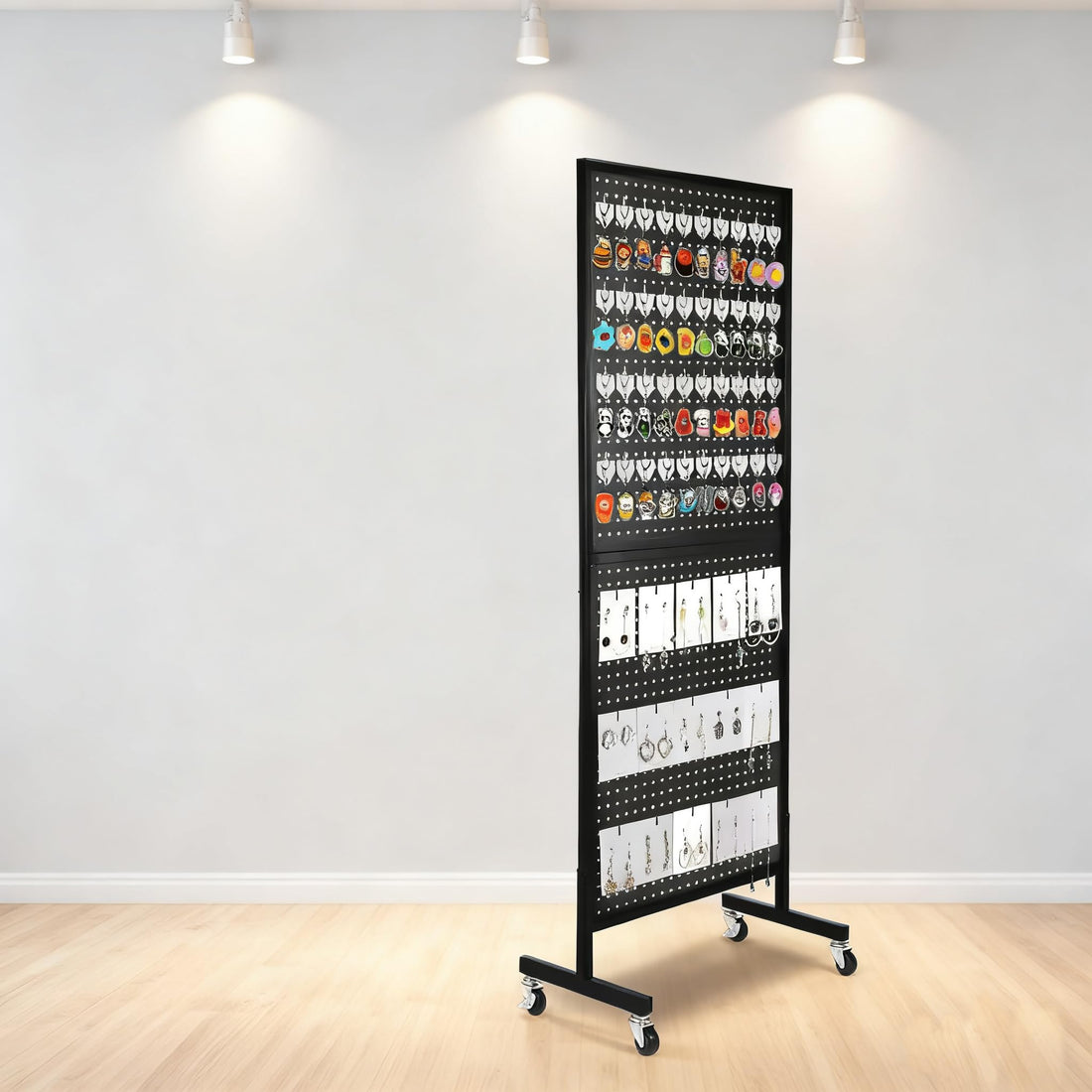 Présentoir à panneaux perforés Garvee 60 x 150 cm avec base en T et roulettes, 10 crochets, structure en fer robuste pour l'art et le commerce, mobile et polyvalent, noir