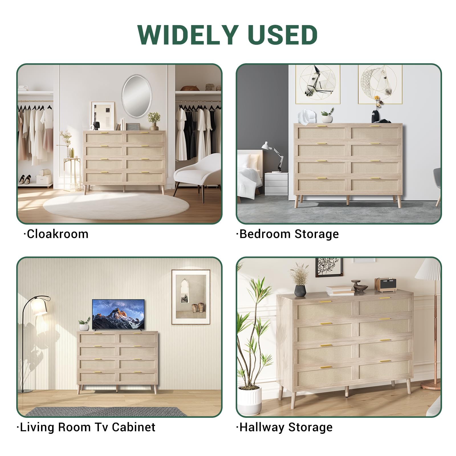 Commode Garvee en rotin à 8 tiroirs, spacieuse et robuste, pour chambre et entrée, coloris naturels