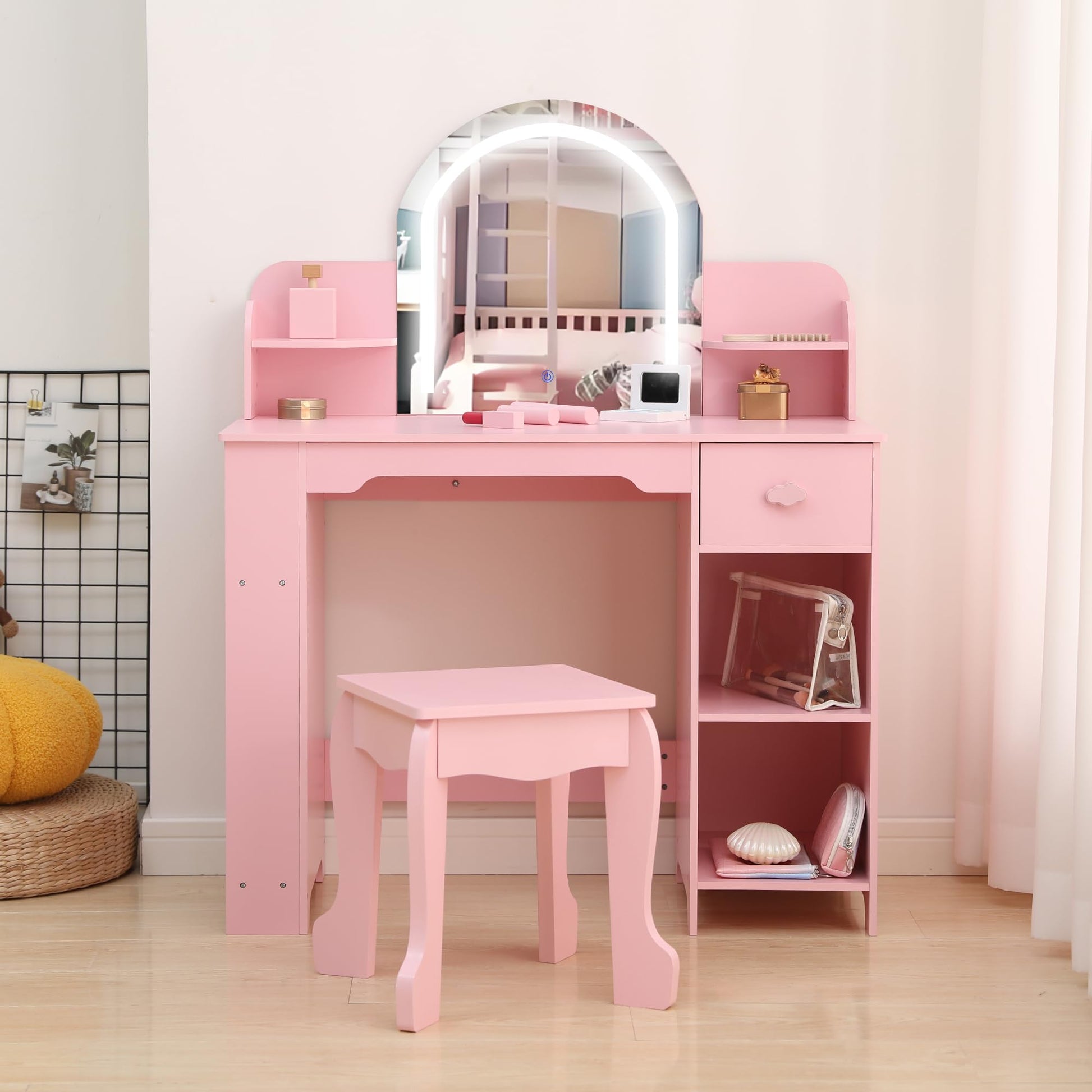 Coiffeuse Garvee pour enfants avec miroir lumineux et tabouret, MDF, éclairage LED, espace de rangement, pour filles de 3 à 9 ans, chambre et salle de jeux, blanc